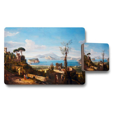 Benjamin Tate Design Scenic Landscape Placemat And Coaster Set Featuring Coastal Village Artwork from B&Q