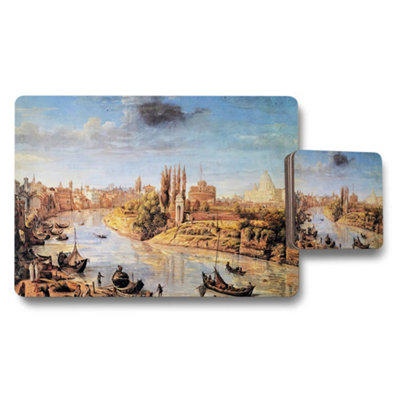 B&Q -  Placemat And Coaster Set Featuring Classic Rome River Cityscape Artwork