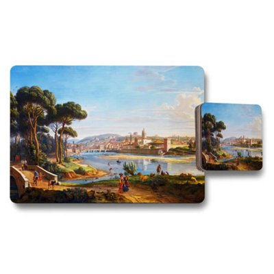 B&Q -  Scenic Landscape Placemat And Coaster Set With River City Artwork