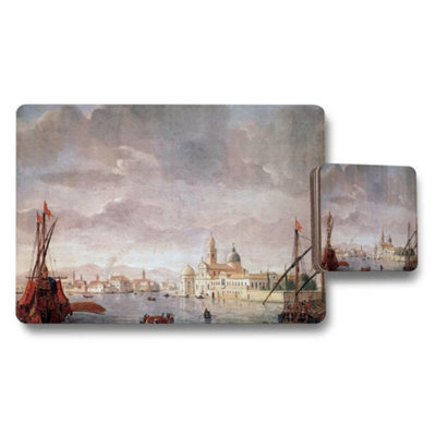 B&Q -  Venice Harbor Landscape Placemats And Coasters Set With Classic Art Print