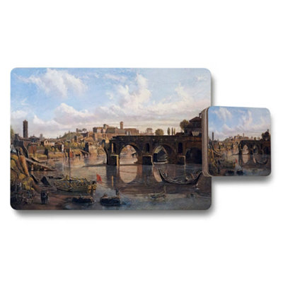 B&Q -  Placemat Coaster Set Featuring Historic City River Bridge Artwork