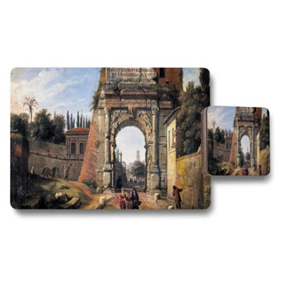 Benjamin Tate Design Ancient Arch Ruins City Gate Painting Placemat And Coaster Set from B&Q