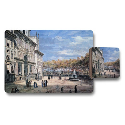 B&Q -  Historic Plaza Scene Placemat And Coaster Set With Fountain