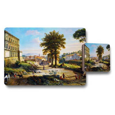 B&Q -  Vintage Landscape City Scene Placemat And Coaster Set With Artwork
