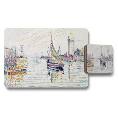 B&Q -  Harbor Boat Scene Placemat And Coaster Set Watercolor Artwork