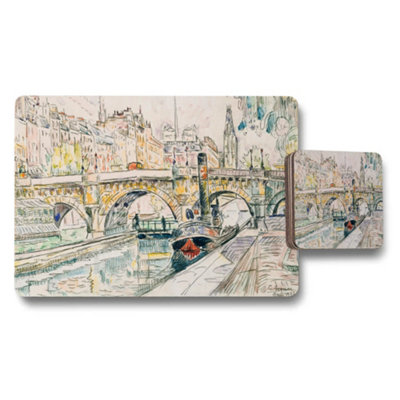 B&Q -  Watercolor Cityscape Placemat And Coaster Set With Bridge Scene