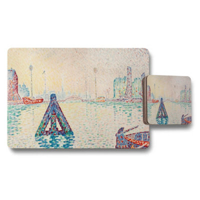 B&Q -  Harbor Scene Placemats And Coaster Set In Impressionist Style