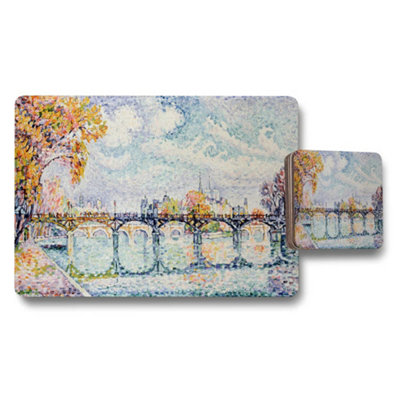 Benjamin Tate Design Impressionist Cityscape Bridge Over River Placemat And Coaster Set from B&Q