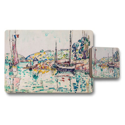 B&Q -  Watercolor Harbor Boat Scene Placemat And Coaster Set