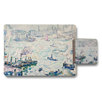 B&Q -  Harbor Scene Placemats And Coaster Set Impressionist Art