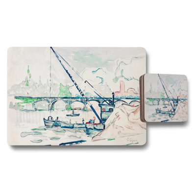 Benjamin Tate Design Watercolor Harbor Scene Placemats And Coasters Set With Boats And Bridge from B&Q