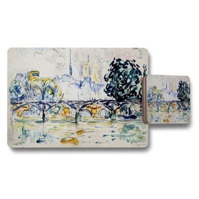 B&Q -  Watercolor Cityscape Placemat And Coaster Set With Bridge Over River