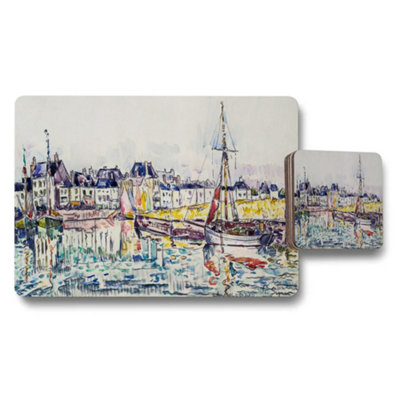 Benjamin Tate Design Watercolor Harbor Boats Placemat And Coaster Set For Dining Table Decor from B&Q
