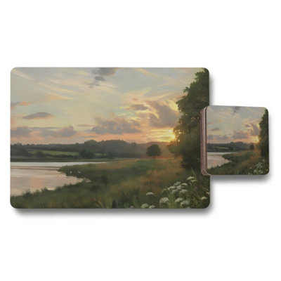 Benjamin Tate Design Sunset River Landscape Placemats And Coasters Set For Dining Table