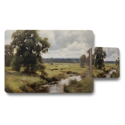 Benjamin Tate Design Landscape Placemat And Coaster Set With River And Trees Artwork from B&Q