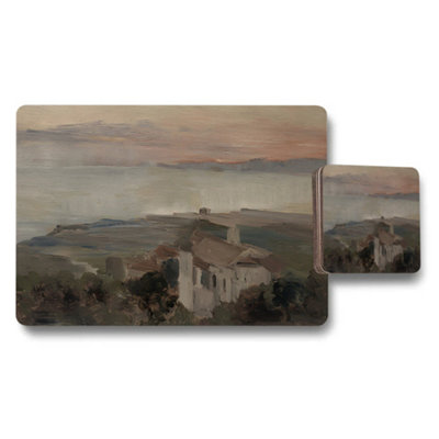 B&Q -  Scenic Landscape Placemats And Coaster Set With Hillside Village Print