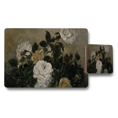 B&Q -  Floral Rose Placemat And Coaster Set With Elegant Dark Background