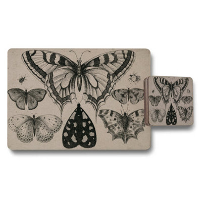 B&Q -  Butterfly Sketch Placemats And Coaster Set Vintage Beige Background