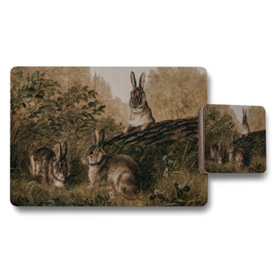 B&Q -  Woodland Rabbit Placemat Coaster Set Vintage Artwork