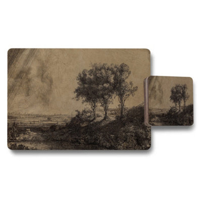 B&Q -  Vintage Landscape Placemat And Coaster Set With Rustic Trees