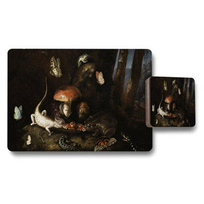 B&Q -  Placemat Coaster Set Featuring Dark Mushroom Forest Still Life Art