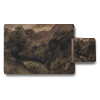 B&Q -  Forest Landscape Placemats And Coaster Set In Rustic Brown