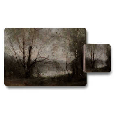 B&Q -  Moody Landscape Placemats And Coaster Set With Tree River View