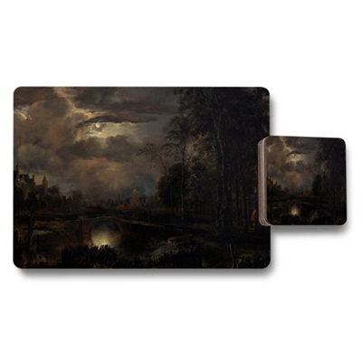 Benjamin Tate Design Moonlit Landscape Placemat And Coaster Set Dark River Scene from B&Q