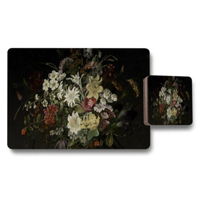 Benjamin Tate Design Floral Placemats And Coasters Set With Dark Bouquet Artwork from B&Q