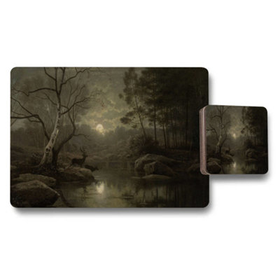 Benjamin Tate Design Moonlit Forest Placemat And Coaster Set With Deer Scene from B&Q
