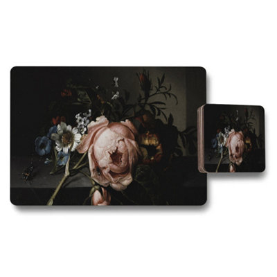 Benjamin Tate Design Floral Still Life Placemat And Coaster Set With Vintage Flower Design from B&Q