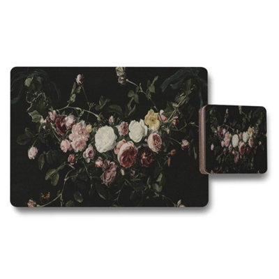 Benjamin Tate Design Floral Bouquet On Dark Background Placemat And Coaster Set from B&Q