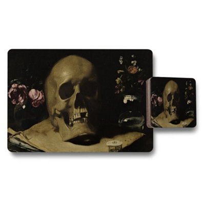 B&Q -  Skull Still Life Placemats And Coaster Set With Floral Accents
