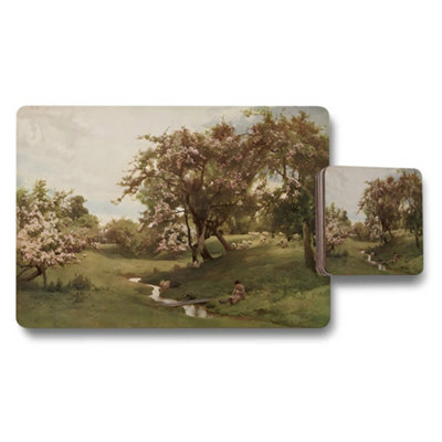 Benjamin Tate Design Pastoral Landscape Placemat And Coaster Set With Blooming Trees from B&Q