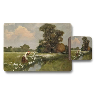 B&Q -  Impressionist Field Scene Placemat And Coaster Set With Flowers