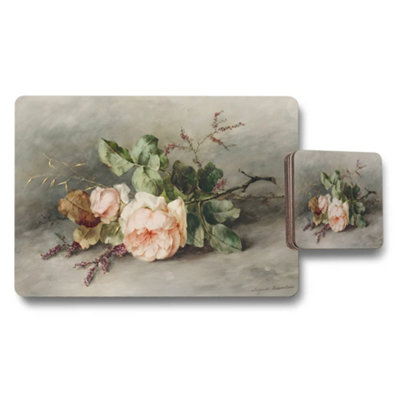B&Q -  Elegant Floral Placemat And Coaster Set With Pink Roses Artwork