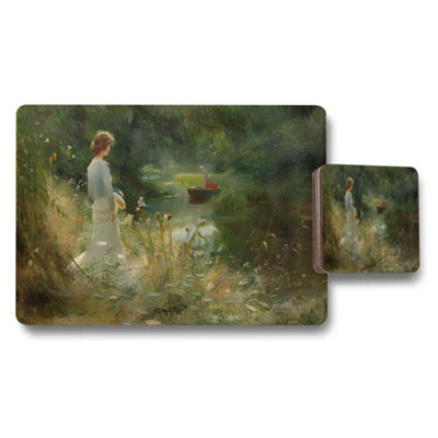 B&Q -  Impressionist River Scene Placemats And Coaster Set With Woman By Water