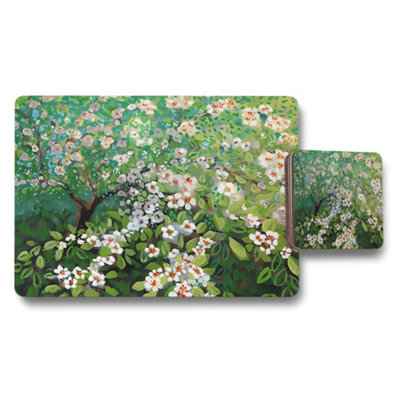 B&Q -  Floral Garden Placemat And Coaster Set With White Blossoms