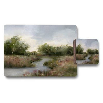Benjamin Tate Design Nature Landscape Placemats And Coasters Set With Meadow River Scene from B&Q