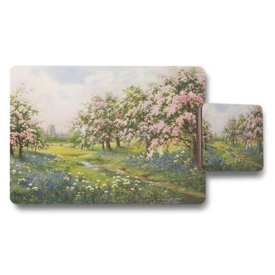 B&Q -  Floral Garden Scene Placemats And Coasters Set With Pink Blossoms