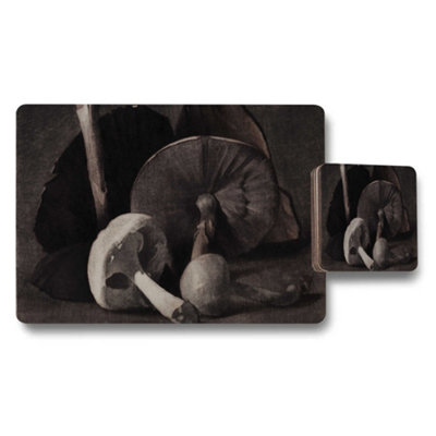 B&Q -  Mushroom Still Life Placemats And Coaster Set Vintage Botanical Kitchen Decor