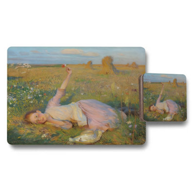 Benjamin Tate Design Impressionist Meadow Scene Placemat And Coaster Set With Girl Reclining