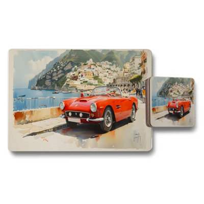 Benjamin Tate Design Amalfi Coast Vintage Red Convertible Car Placemat And Coaster Set from B&Q