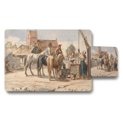 Benjamin Tate Design Vintage Market Scene Placemats And Coasters Set With Horse Riders from B&Q