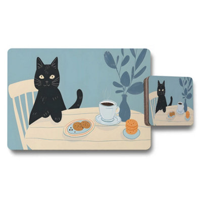 B&Q -  Cat Themed Placemat And Coaster Set With Coffee Cup And Cookies