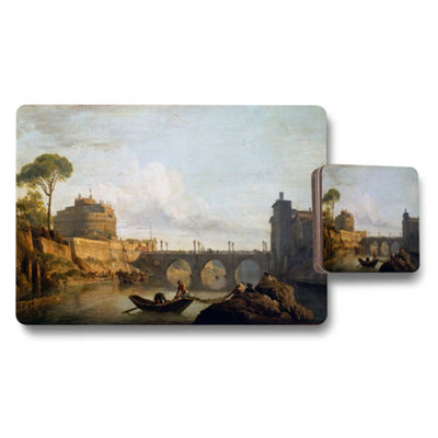 B&Q -  River Landscape Placemats And Coaster Set With Bridge And Boats