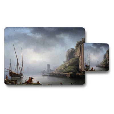 B&Q -  Harbor Sunrise Scenic Placemats And Coaster Set With Maritime Art