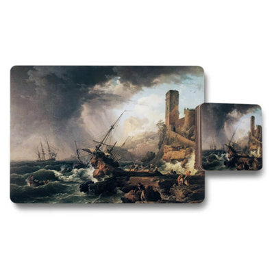 Benjamin Tate Design Seascape Placemat Coaster Set With Historic Castle Ruins Ocean Scene from B&Q