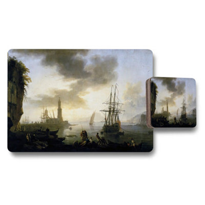 Benjamin Tate Design Vintage Maritime Harbor Seascape Placemat And Coaster Set from B&Q