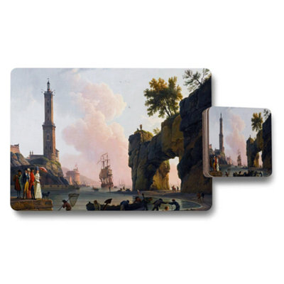 Benjamin Tate Design Coastal Harbor Placemats And Coasters Set With Lighthouse Scene